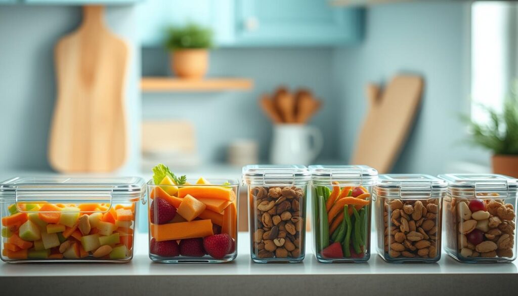 A cozy, minimalist kitchen with soft blue accents and warm wooden textures. On the counter, a collection of airtight glass containers, each filled with an assortment of freshly prepared snacks - crunchy vegetables, bite-sized fruits, and protein-rich nuts. The containers are arranged neatly, their lids sealed tight to preserve the snacks' flavor and crispness. Soft, diffused lighting illuminates the scene, highlighting the natural textures and colors. The overall atmosphere conveys a sense of organization, efficiency, and a commitment to maintaining the nutritional integrity of the stored provisions.