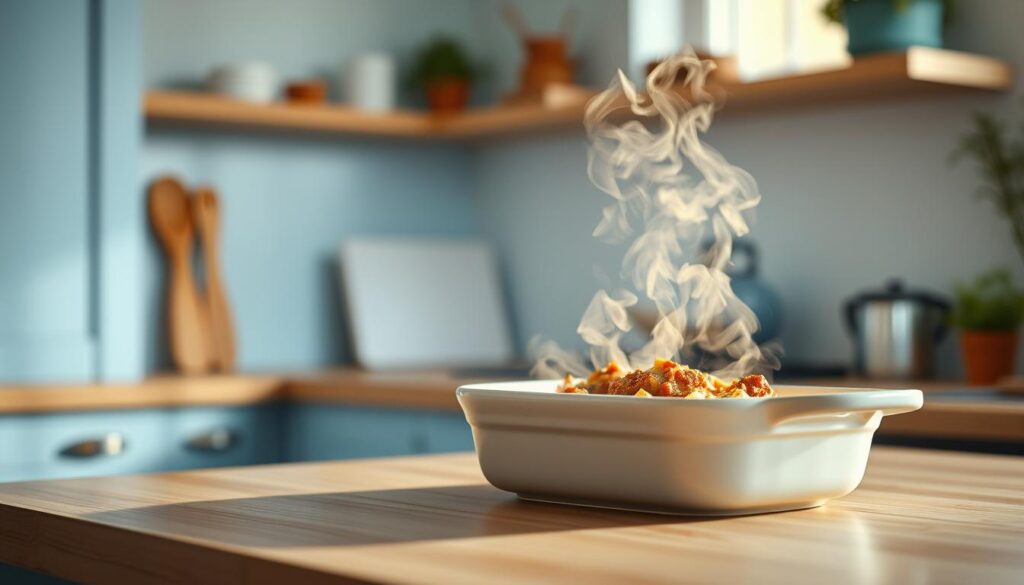 A cozy, minimalist kitchen with soft blue accents and wooden textures. On the counter, a ceramic dish sits filled with a steaming frozen meal, the aroma of savory spices wafting through the air. The lighting is warm and gentle, casting a inviting glow over the scene. In the background, a clean white backsplash and simple shelving provide a clean, uncluttered backdrop. The angle is positioned to highlight the process of reheating the frozen dish, capturing the delicious meal preparation in a serene, homey setting.