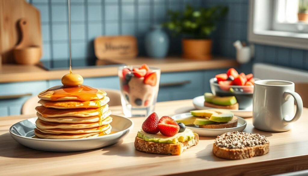 A cozy, minimalist kitchen with soft blue accents and wooden textures. On the table, an array of quick and nutritious breakfast options - a stack of golden pancakes drizzled with honey, a vibrant smoothie bowl adorned with fresh berries, a plate of avocado toast sprinkled with za'atar, and a mug of steaming coffee. The scene is bathed in warm, natural light, captured from an angle that showcases the enticing spread. No human presence, allowing the focus to remain solely on the delectable and easily prepared breakfast dishes.