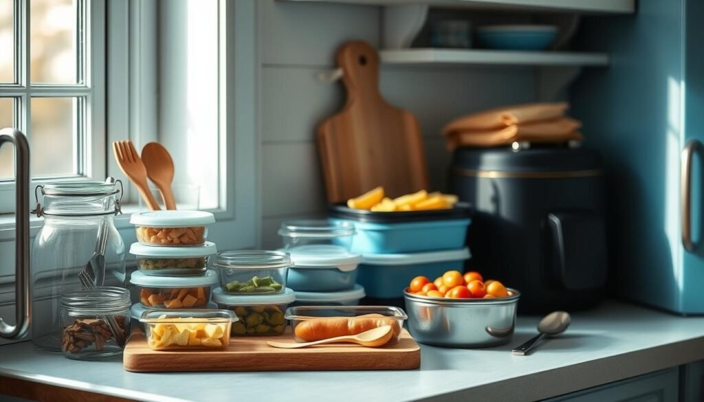 A cozy, minimalist kitchen with soft blue accents serves as the setting for a thoughtful display of smart packing techniques. Neatly arranged glass containers, reusable utensils, and insulated lunch boxes take center stage, showcasing efficient organization and food storage methods. Gentle natural lighting filters in, casting a warm glow that highlights the clean, wooden textures surrounding the scene. The overall atmosphere conveys a sense of preparedness and attention to detail, perfectly complementing the section's focus on maintaining food quality during warm weather.