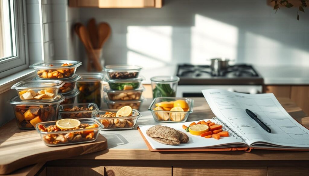 A cozy, minimalist kitchen with soft light and wooden textures. On the counter, a meal-prepped arrangement of glass containers filled with various leftovers - hearty stews, roasted vegetables, and portioned protein. Nearby, a cutting board with sliced citrus and a notebook open to a strategic meal planning layout. The scene conveys a sense of organization, efficiency, and a thoughtful approach to making the most of ingredients. Natural light filters in through a window, casting warm shadows and highlighting the meal-prep process.