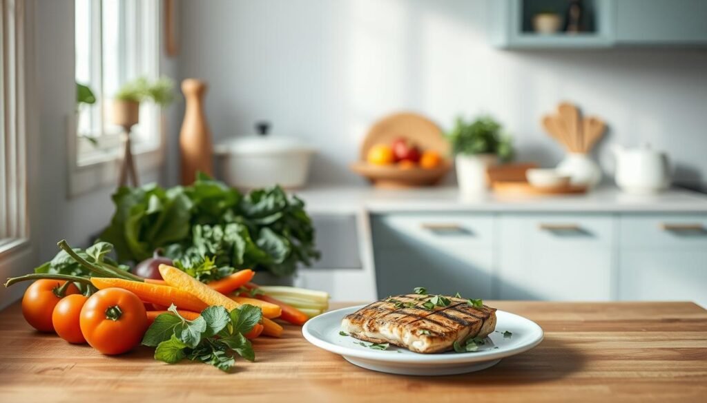 A cozy, minimalist kitchen with soft light blue accents and natural wooden textures. On the counter, an array of fresh, vibrant vegetables and a plate of grilled protein, showcasing the benefits of a low-carb lifestyle. The scene exudes a sense of health, balance, and well-being, highlighting how a low-carb diet can support weight management through nourishing, satisfying meals.