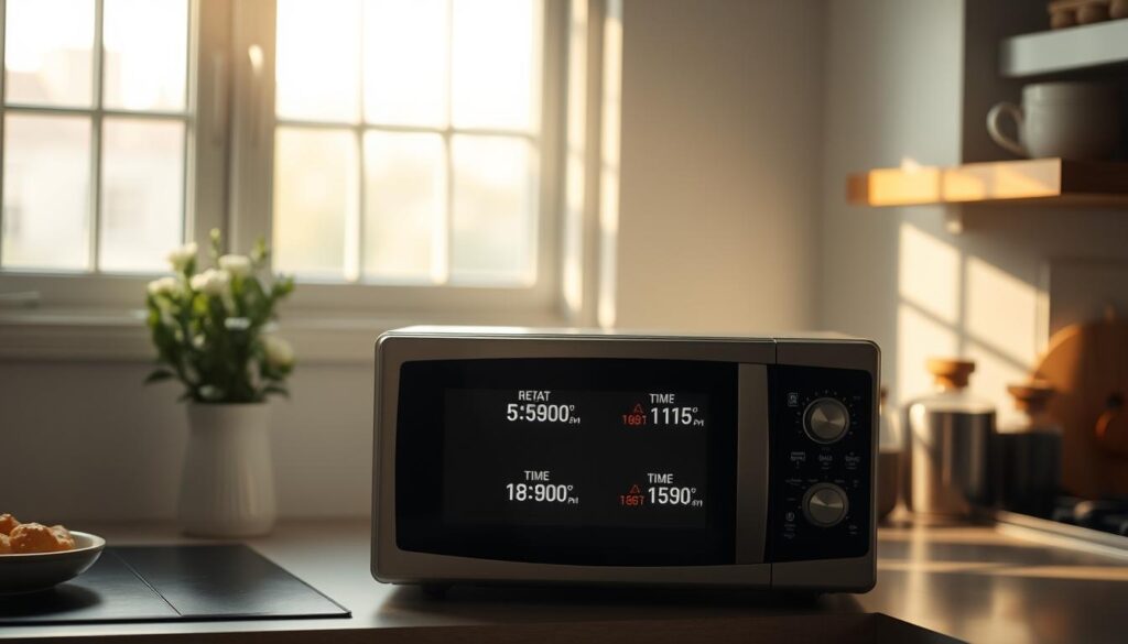 A cozy, minimalist kitchen with soft light filters through the windows, revealing a microwave oven on the countertop. On the microwave's display, various reheating techniques are shown, with temperature and time settings clearly visible. The scene conveys an atmosphere of efficiency and culinary know-how, inviting the viewer to explore the strategies for efficient microwave reheating.