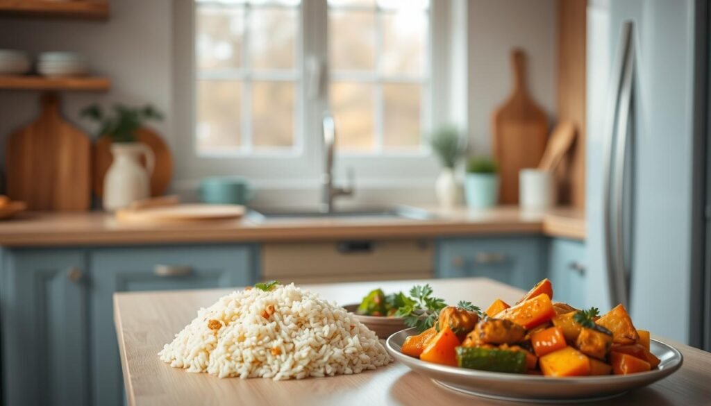 A cozy, minimalist kitchen with warm, earthy tones and wooden textures. Delicate light blue accents add a touch of elegance. On the counter, a beautifully arranged curry meal prep spread - fragrant basmati rice, tender chicken curry, and colorful roasted vegetables. Enticing aromas fill the air, promising a nourishing and delightful dinner. The scene is illuminated by soft, natural lighting, casting gentle shadows and highlighting the vibrant colors. An inviting, zen-like atmosphere, perfect for a stress-free meal prep session.