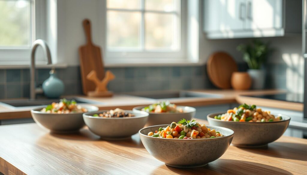 A cozy, minimalist kitchen with warm wood textures and light blue accents. On the counter, an array of legume grain energy bowls. Vibrant chickpeas, lentils, and edamame in artful arrangements, drizzled with tahini and garnished with fresh herbs. The bowls glisten under soft, diffused lighting, casting gentle shadows. The scene exudes a sense of nourishment and vitality, inviting the viewer to imagine the sustained energy these plant-based dishes can provide.