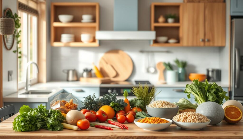 A cozy, minimalist kitchen with warm wood tones, light blue accents, and a clean, organized countertop. An assortment of fresh vegetables, grains, and plant-based proteins are arranged artfully, showcasing easy-to-prepare vegetarian meal prep recipes. Soft, even lighting illuminates the scene, highlighting the vibrant colors and textures of the ingredients. The atmosphere is calm and inviting, capturing the simplicity and nourishment of wholesome, office-friendly vegetarian meals.