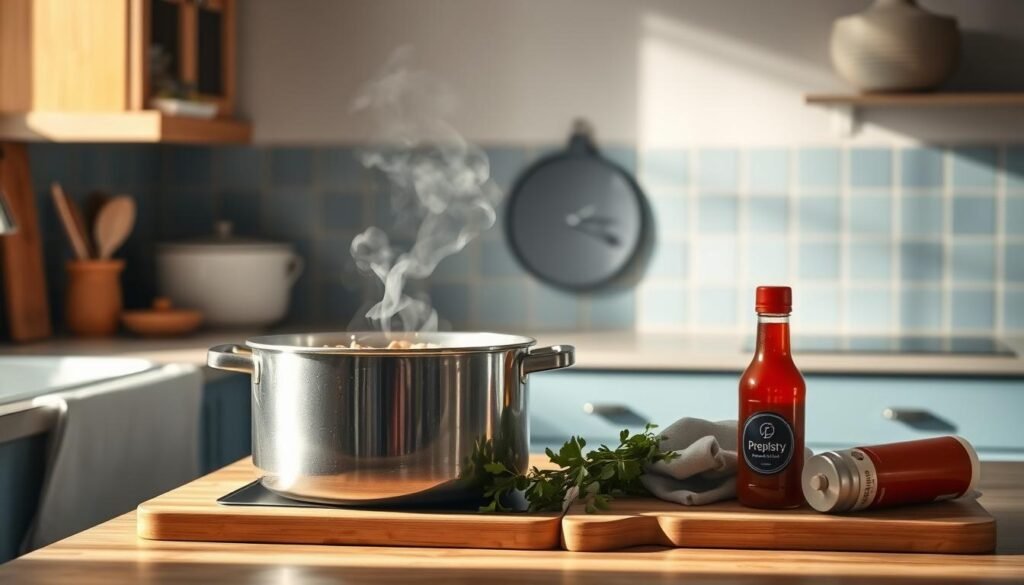 A cozy, minimalist kitchen with warm wooden accents and light blue details. On the counter, a large pot simmers with a budget-friendly chili recipe, its aroma filling the air. The Prepistry logo is subtly visible on the kitchen towel nearby. A cutting board with fresh herbs and a bottle of hot sauce add finishing touches to this inviting scene, perfect for meal prep inspiration.