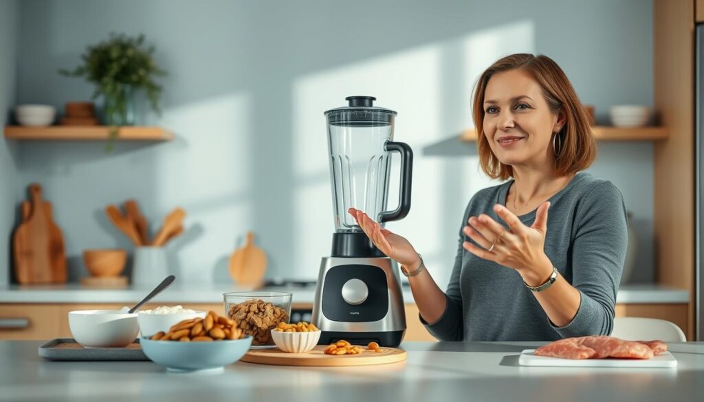 A cozy, minimalist kitchen with warm wooden accents and light blue hues serves as the backdrop for a thoughtful nutrition coach providing protein-rich tips. A sleek, modern blender takes center stage, surrounded by a selection of high-protein ingredients like Greek yogurt, nuts, and lean meats. The coach's hands gestures expressively, conveying expertise, while the scene is bathed in soft, natural lighting that casts subtle shadows, creating a sense of depth and dimension. The overall mood is one of approachable professionalism, inviting the viewer to engage with the coach's nutritional wisdom.