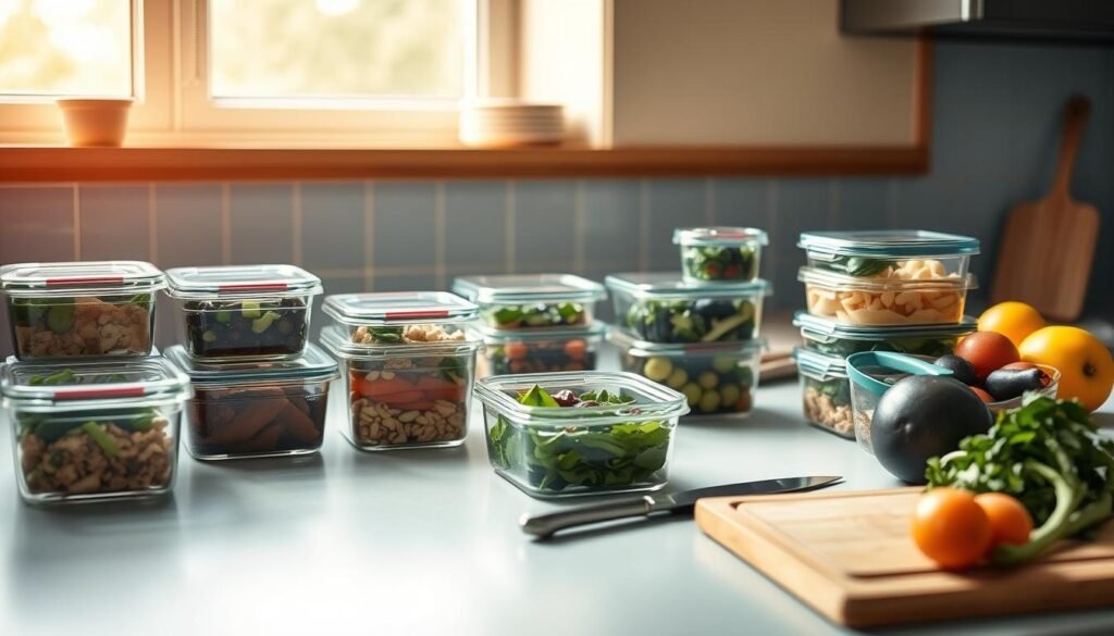 A cozy, minimalist kitchen with warm wooden accents and light blue hues. On the countertop, an assortment of glass containers filled with freshly prepared meals, neatly organized. Nearby, a chopping board, a sharp knife, and a mix of fresh produce, symbolizing the preparatory process. Soft, natural lighting illuminates the scene, creating a calming and productive atmosphere. The absence of hands in the frame emphasizes the efficient, hands-free nature of the meal prep strategies.