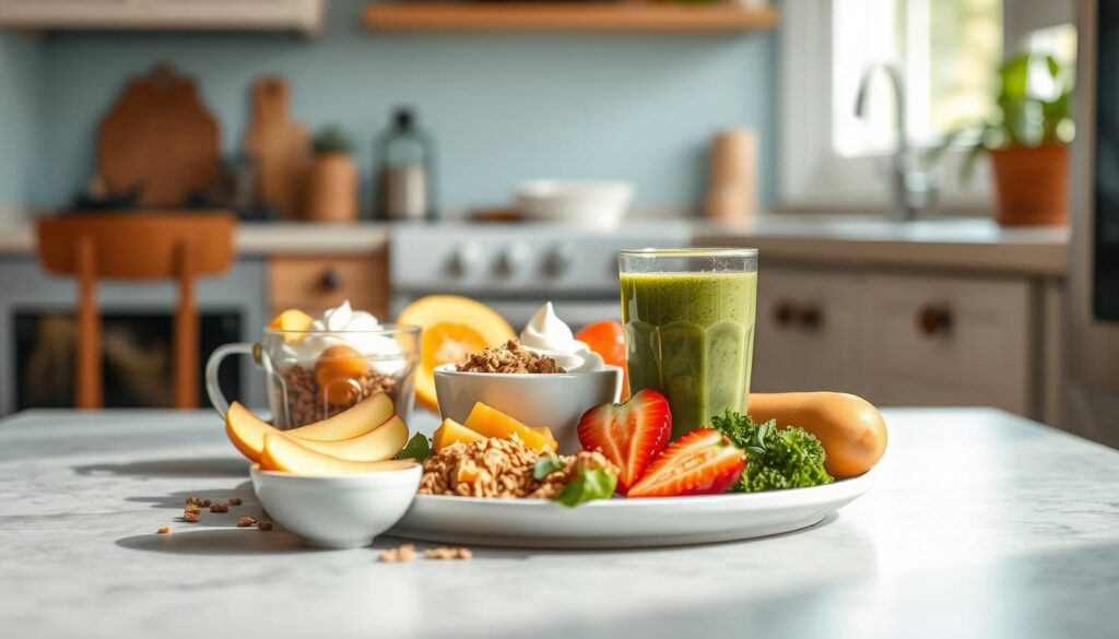 A cozy, minimalist kitchen with warm wooden accents and soft blue hues sets the scene. An inviting breakfast spread takes center stage, showcasing a variety of nourishing options: crisp slices of fresh fruits, crunchy whole grain granola, creamy yogurt, and a vibrant smoothie packed with nutrient-dense greens. The mood is serene and inviting, encouraging children to explore and enjoy a healthy start to their day. Diffused natural light filters through the kitchen, casting a gentle glow on the scene. The composition emphasizes the bountiful benefits of a balanced, kid-friendly breakfast, inspiring a sense of wellness and enthusiasm for wholesome eating.