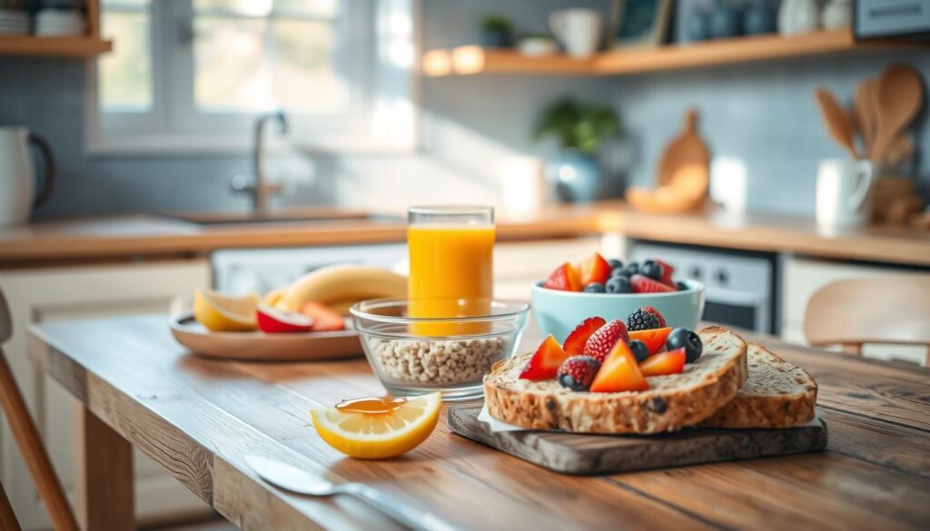 A cozy, minimalist kitchen with warm wooden accents and soft blue hues. On a rustic wooden table, an appetizing spread of healthy breakfast items - freshly sliced fruits, a bowl of oatmeal topped with berries, a glass of freshly squeezed orange juice, and a slice of whole grain toast with a light drizzle of honey. Soft, natural lighting filters through a nearby window, casting a gentle glow over the scene. The atmosphere is serene and inviting, highlighting the benefits of a nourishing, low-sugar morning meal.