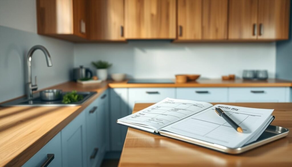 A cozy, minimalist kitchen with warm wooden countertops and cabinets. Light blue accents add a calming touch. On the countertop, an open weekly meal planner with handwritten notes, a pen, and a few fresh ingredients like herbs and vegetables. A sleek, stainless steel sheet pan sits nearby, hinting at the upcoming sheet pan dinner prep. The lighting is soft and diffused, creating a serene atmosphere for meal planning. The angle showcases the kitchen from a slightly elevated perspective, allowing the viewer to envision themselves comfortably planning their weekly meals.