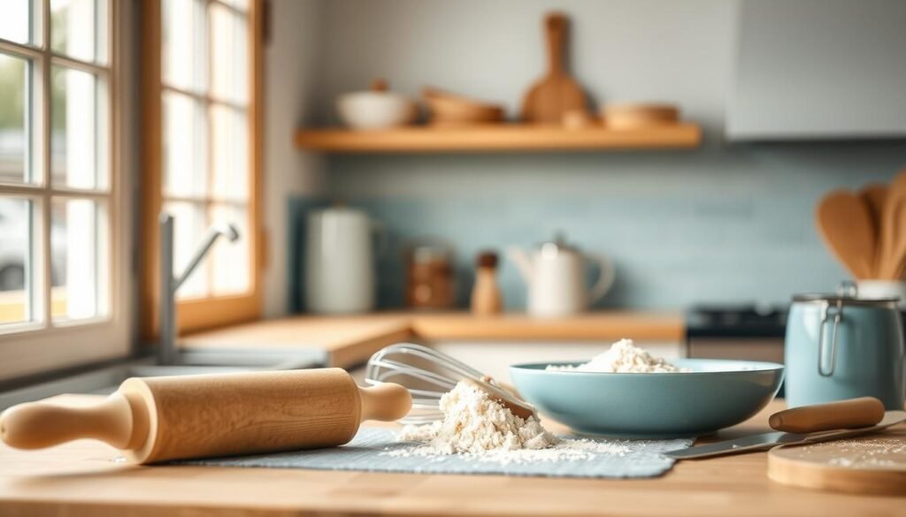 A cozy, minimalist kitchen with warm wooden textures and light blue accents features an array of common food prep tools. Crisp, soft focus highlights the tactile surfaces - a rolling pin, whisk, and spatula - as they demonstrate techniques to troubleshoot textural consistency. The scene conveys a serene, instructive atmosphere, inviting the viewer to explore solutions for perfecting the mouthfeel of high-protein meals.