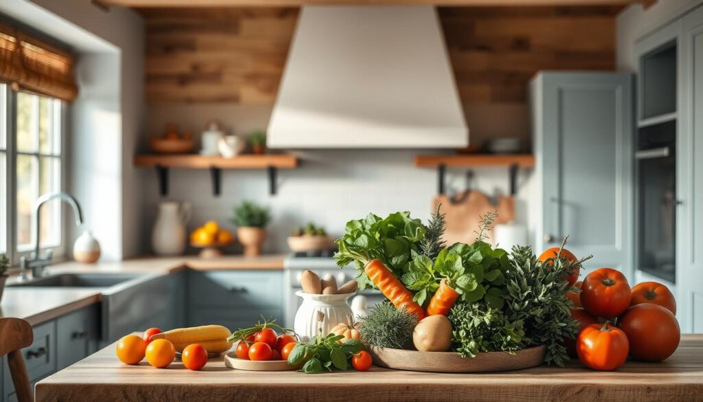A cozy, minimalist kitchen with warm wooden textures and light blue accents provides the backdrop for a visually striking display of creative seasonal recipes. Artfully arranged seasonal produce, from vibrant vegetables to fresh herbs, takes center stage, hinting at the flavorful dishes to come. Soft, diffused lighting casts a gentle glow, accentuating the natural colors and textures. The scene exudes a sense of culinary inspiration, inviting the viewer to explore the mouthwatering possibilities of cooking with the bounty of the season.