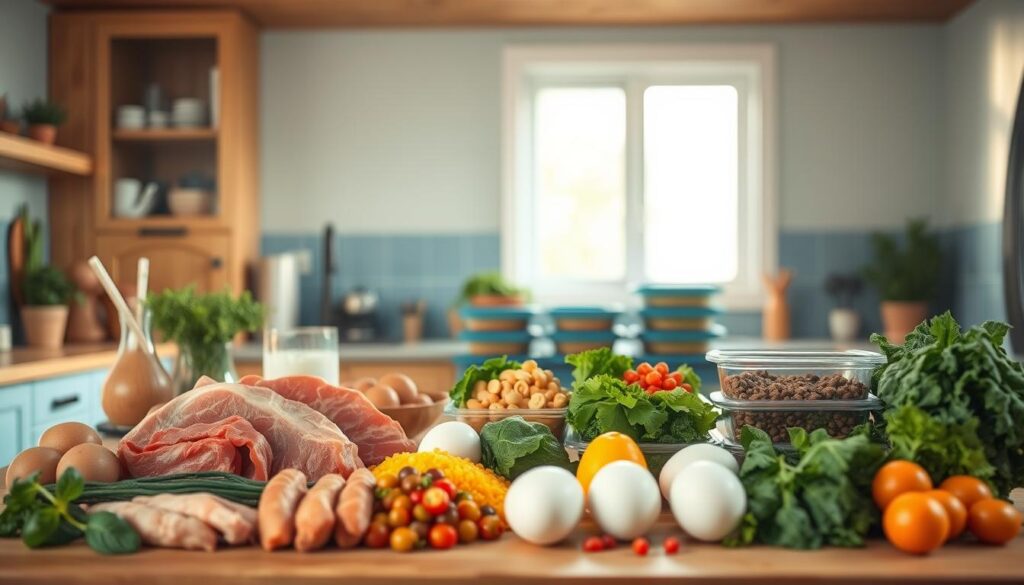 A cozy, minimalist kitchen with warm wooden textures and light blue accents provides the backdrop for a delightful meal prep scene. In the foreground, an abundance of high-protein ingredients - lean meats, eggs, legumes, and leafy greens - are carefully arranged, showcasing the key elements of a muscle-building meal. The middle ground features a variety of portioned containers, representing the strategic timing and portion control essential for effective muscle growth. Soft, natural lighting illuminates the scene, creating a soothing atmosphere that emphasizes the importance of a sustainable, long-term approach to nutrition and fitness.