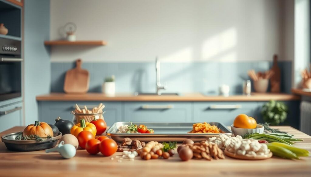 A cozy, minimalist kitchen with warm wooden textures and light blue accents provides the backdrop for a neatly arranged 