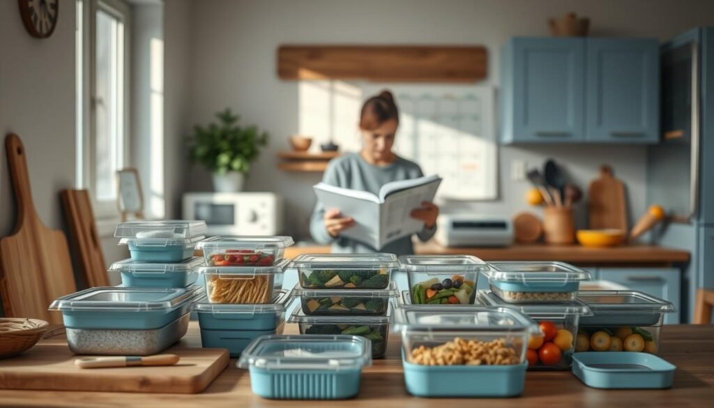 A cozy, minimalist kitchen with warm wooden textures and light blue accents provides the backdrop for a scene showcasing practical meal prep and time management strategies. In the foreground, various meal prep containers, chopping boards, and kitchen utensils are neatly arranged, conveying a sense of organization and efficiency. The middle ground features a person meticulously planning their weekly meals, surrounded by recipe books and a calendar. Soft, natural lighting from a nearby window illuminates the scene, creating a calming and focused atmosphere. The overall composition emphasizes the importance of thoughtful preparation and strategic time management for successful batch cooking and meal storage.