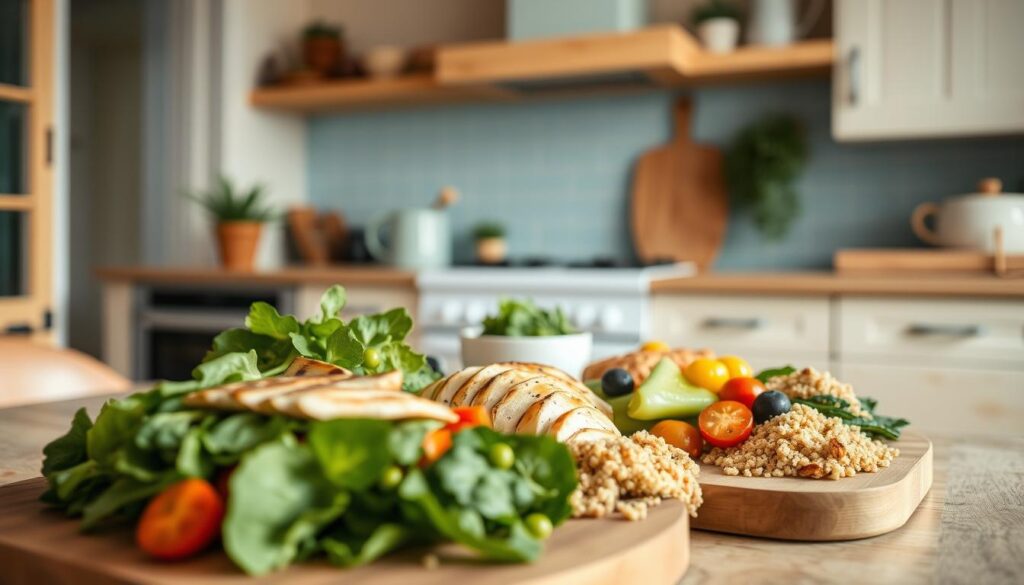 A cozy, minimalist kitchen with warm wooden textures and light blue accents serves as the backdrop for an enticing display of quick lunch meal prep ideas. In the foreground, a variety of fresh, colorful ingredients - leafy greens, grilled chicken, roasted vegetables, and quinoa - are neatly arranged on wooden cutting boards, suggesting a balanced and wholesome spread. The lighting is soft and natural, casting a gentle glow over the scene, while the camera angle captures the scene from an eye-level perspective, drawing the viewer in as a participant in this inviting culinary experience.