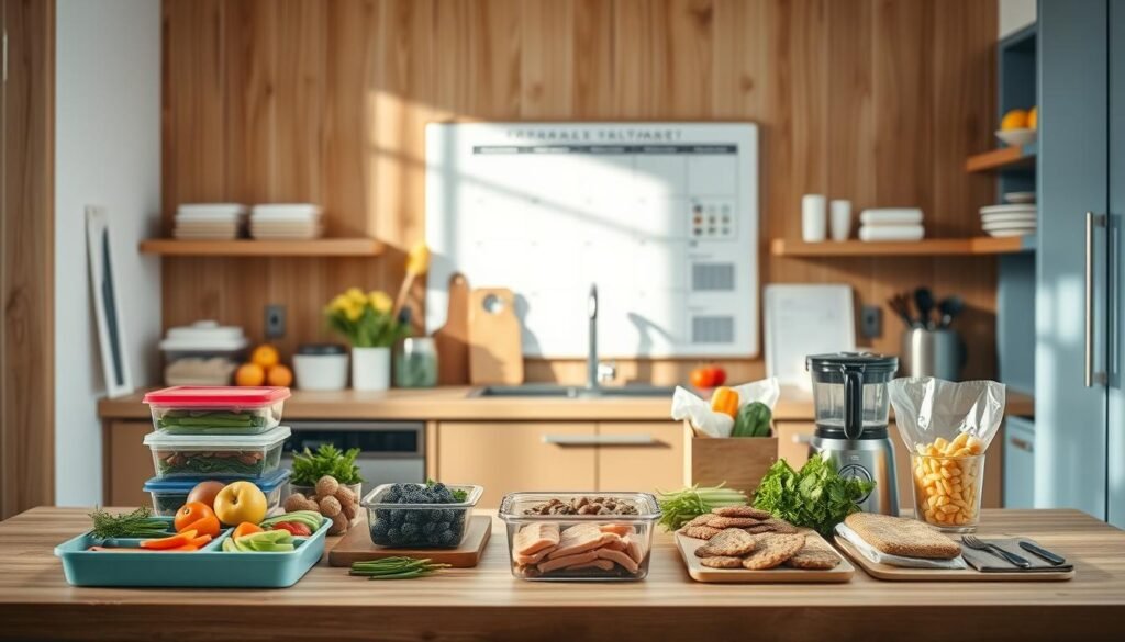 A cozy, minimalist kitchen with warm wooden textures and light blue accents serves as the backdrop for a series of solutions to common meal prep challenges. In the foreground, a variety of practical tools and organization methods are neatly displayed, including color-coded containers, a meal planning whiteboard, and a sleek food processor. The middle ground showcases various meal components - from fresh vegetables and lean proteins to pre-portioned snacks - all arranged in a visually appealing, efficient manner. The lighting is soft and natural, casting a serene, inviting ambiance that promotes productivity and inspiration. Overall, the scene conveys a sense of control, simplicity, and a thoughtful approach to overcoming the barriers often associated with meal preparation.