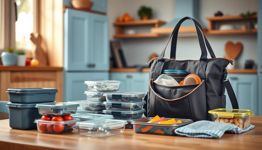 A cozy, minimalist kitchen with warm wooden textures and light blue accents serves as the backdrop for an educational display of insulated bag packing hacks. In the foreground, an array of neatly organized insulated containers, reusable ice packs, and compact food storage solutions are artfully arranged, showcasing efficient packing techniques. The midground features a well-designed insulated tote bag, its interior compartments and pockets highlighted to demonstrate clever storage and organization strategies. Soft, diffused lighting illuminates the scene, creating a calm, inviting atmosphere that inspires the viewer to pack their own delicious, temperature-maintained cold lunches.