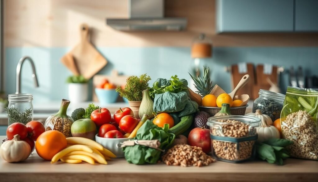 A cozy, minimalist kitchen with warm wooden textures and light blue accents serves as the backdrop. On the countertop, vibrant whole foods like crisp vegetables, juicy fruits, and hearty grains are arranged in an appetizing display, their natural colors and textures contrasting with the processed, packaged items nearby. The scene conveys a sense of nourishment, simplicity, and the benefits of clean eating, inviting the viewer to make healthier choices. Soft, diffused lighting complements the scene, creating an inviting atmosphere. The composition draws the eye to the distinct differences between the two food groups, encouraging a deeper understanding of the 