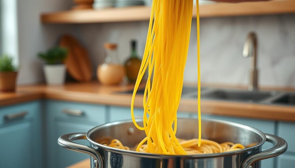 A cozy, minimalist kitchen with warm wooden textures and light blue accents serves as the backdrop for the delicate art of mastering pasta al dente. Freshly boiled strands of spaghetti are carefully lifted from the pot, their vibrant golden hue glistening under the soft, diffused lighting. The pasta strands maintain their firm, toothsome bite, reflecting the cook's precise timing and attentive handling. The scene exudes a sense of quiet focus and culinary expertise, inviting the viewer to appreciate the subtleties of this essential pasta cooking technique.