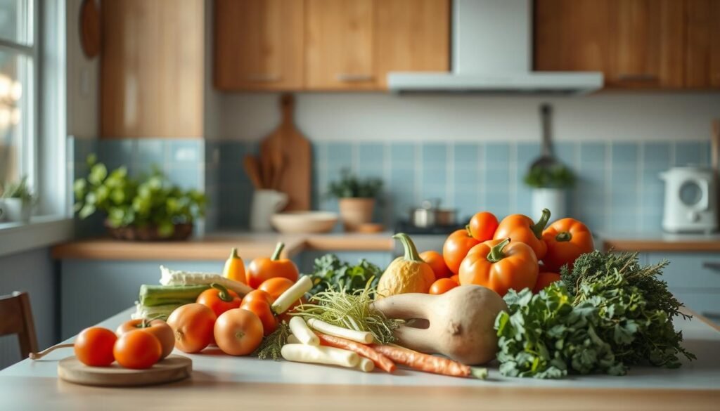 A cozy, minimalist kitchen with warm wooden textures and light blue accents serves as the backdrop for an array of flexible dinner recipes. The scene captures an assortment of fresh ingredients, from crisp vegetables to aromatic herbs, arranged on a clean countertop. Soft, directional lighting casts a gentle glow, highlighting the varied textures and natural colors of the culinary elements. The composition, devoid of hands or obvious human presence, invites the viewer to imagine the endless possibilities of creating nourishing, customizable meals for the week ahead.