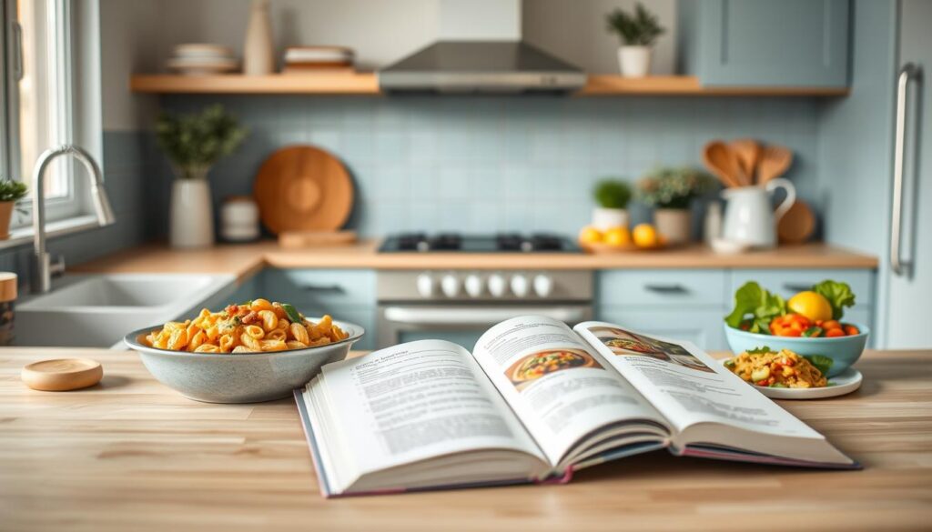 A cozy, minimalist kitchen with warm wooden textures and light blue accents serves as the backdrop for a delightful array of family-friendly recipes. On the countertop, an open recipe book showcases a variety of visually appealing, nutritious dishes - from hearty pasta bakes to colorful vegetable medleys. The scene exudes a sense of effortless, wholesome preparation, inviting the viewer to explore homemade meals that cater to the entire family's tastes. The soft, even lighting creates a welcoming atmosphere, hinting at the joy and togetherness to be found in shared mealtime experiences.
