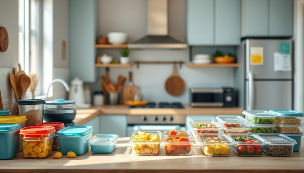 A cozy, minimalist kitchen with warm wooden textures and light blue accents serves as the backdrop for a meticulously organized meal prep schedule. Colorful ingredient containers and neatly arranged meal prep tools populate the foreground, conveying a sense of efficiency and control. The middle ground features a carefully curated selection of weekly meals, each with its own portion-controlled container, suggesting a well-planned and balanced diet. Soft, natural lighting illuminates the scene, creating a calming and inviting atmosphere that encourages healthy eating habits without compromises.