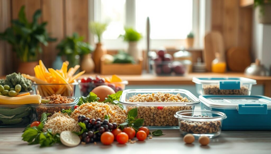 A cozy, minimalist kitchen with warm wooden textures and light blue accents sets the scene for a thoughtfully curated meal prep guide. In the foreground, an array of fresh ingredients - crisp vegetables, hearty grains, and protein-rich foods - are arranged in a visually striking composition, highlighting their diverse textures and colors. The middle ground showcases various meal prep containers, each with a focus on tactile surfaces, from smooth glass to matte silicone. In the background, natural light floods the space, casting soft shadows and creating a calming, inviting atmosphere. The overall image conveys a sense of organization, attention to detail, and a deep appreciation for the sensory experience of prepared meals.