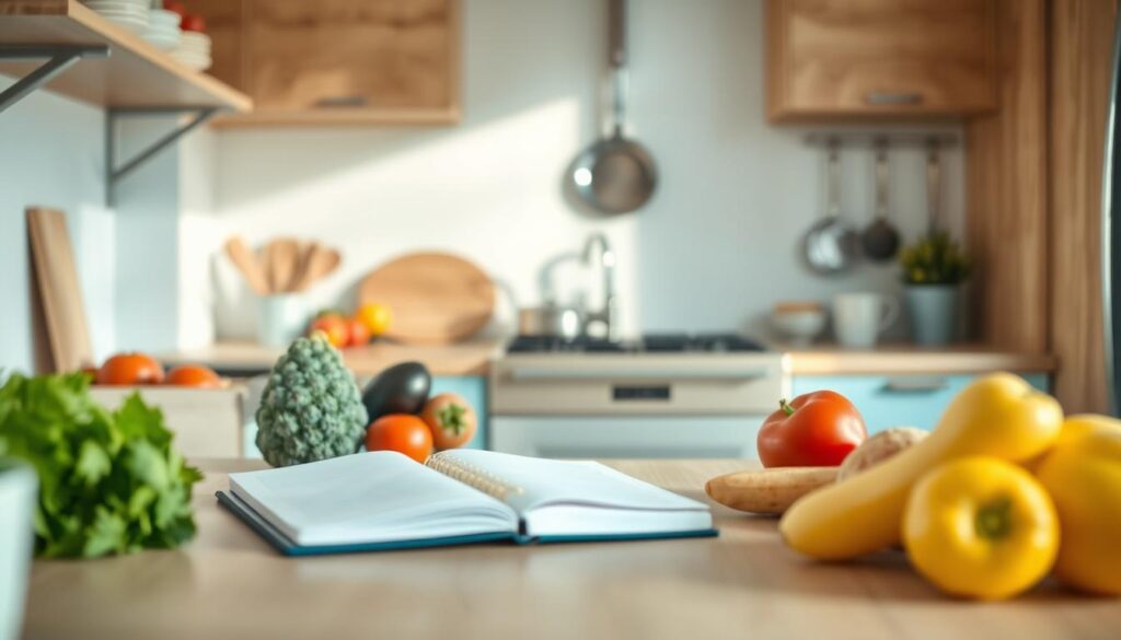 A cozy, minimalist kitchen with warm wooden textures and light blue accents sets the scene. On the counter, an array of fresh produce, cooking utensils, and a meal planning notebook lie neatly arranged, hinting at the organized strategy to come. Soft, natural lighting illuminates the space, creating a serene and inviting atmosphere. The camera angle captures the scene from a slightly elevated perspective, showcasing the thoughtful composition of the weekly meal preparation elements.