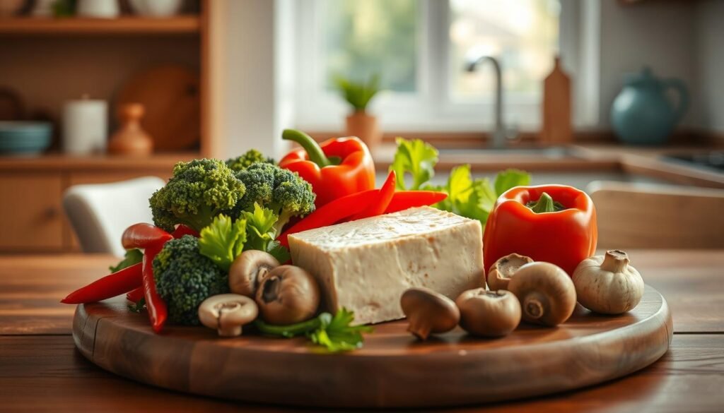 A cozy, minimalist kitchen with warm wooden textures and light blue accents sets the stage. Atop a wooden table, an assortment of fresh, vibrant vegetables - crisp green broccoli, juicy red bell peppers, earthy mushrooms - surround a block of firm, golden tofu. The ingredients are illuminated by gentle, natural light filtering through a nearby window, casting soft shadows and highlighting the textures. The overall mood is one of simplicity, balance, and plant-based nourishment, inviting the viewer to explore the key flavor profiles of this wholesome, high-protein lunch option.