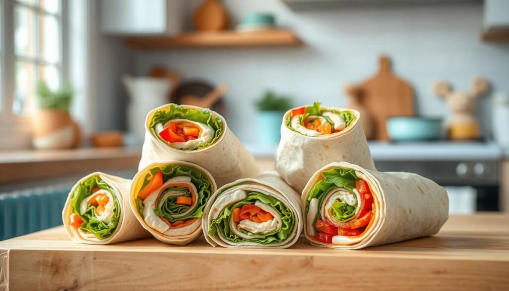 A cozy, minimalist kitchen with warm wooden textures and light blue accents sets the stage for a delightful display of kid-friendly wraps. Vibrant veggies, fresh greens, and creamy condiments come together in visually appealing, hand-rolled wraps, their cross-sections revealing the luscious fillings within. Soft lighting casts a gentle glow, highlighting the craftsmanship and inviting the viewer to imagine the satisfying flavors. These wholesome, portable lunch options exude a sense of nourishment and culinary creativity, perfectly capturing the essence of the "Easy and Nutritious Sandwich & Wrap Ideas" section.