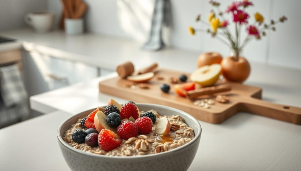 A cozy, minimalist kitchen with warm wooden textures and light blue accents sets the stage for a tempting display of fiber-rich oatmeal creations. In the foreground, a bowl overflows with a hearty oatmeal porridge, topped with an artful arrangement of fresh berries, toasted nuts, and a drizzle of honey. In the middle ground, a cutting board showcases sliced apples, cinnamon sticks, and a sprinkling of rolled oats, hinting at the wholesome ingredients used. The background features a pristine white countertop, accentuated by a stylish kitchen towel and a minimalist vase of vibrant wildflowers, radiating a sense of natural simplicity. Warm, diffused lighting casts a cozy glow over the scene, inviting the viewer to savor the nourishing and satisfying breakfast.