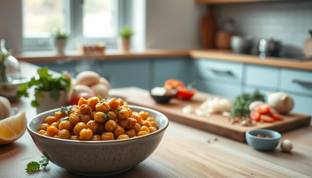 A cozy, minimalist kitchen with warm wooden textures and light blue accents sets the stage for a comforting vegetarian dish. In the foreground, a steaming bowl of fragrant Indian butter chickpeas takes center stage. The legumes glisten with a rich, creamy sauce, accented by aromatic spices. Surrounding the dish, various garnishes like fresh cilantro, a squeeze of lemon, and a sprinkle of toasted cumin seeds add layers of flavor and visual interest. The middle ground features a wooden cutting board with neatly chopped tomatoes, onions, and garlic - the foundation of the dish. In the background, a minimalist kitchen window lets in soft, natural light, creating a cozy, homey atmosphere.