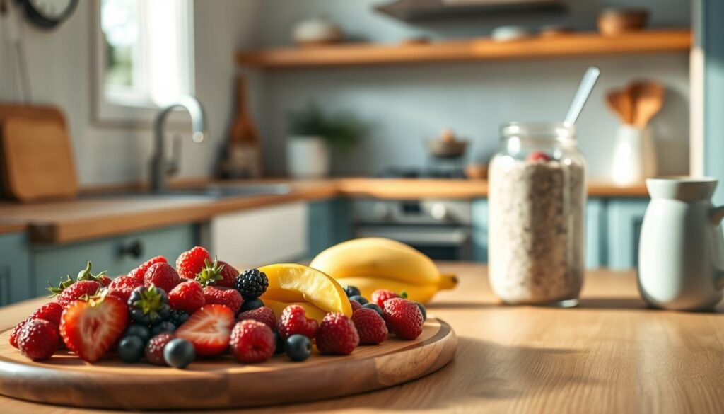 A cozy, minimalist kitchen with warm wooden textures and light blue accents sets the stage. In the foreground, an array of fresh, vibrant fruits and berries artfully arranged on a wooden cutting board, conveying the natural sweetness and nutrients of a low-sugar breakfast. In the middle ground, a glass jar filled with overnight oats or chia pudding, representing a make-ahead, healthy breakfast option. The background features a clean, uncluttered countertop, with a few simple kitchen utensils hinting at the ease of preparation. Soft, natural lighting from a window bathes the scene, creating a soothing, inviting atmosphere that captures the benefits of a lower-sugar, nourishing morning meal.