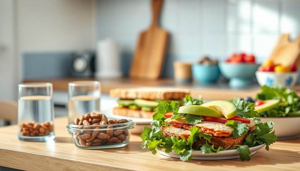 A cozy, minimalist kitchen with warm wooden textures and light blue accents showcases a selection of blood sugar-friendly lunch options. In the foreground, a crisp green salad with colorful vegetables, a container of mixed nuts, and a glass of water with lemon. In the middle ground, a sandwich made with whole-grain bread, lean protein, and avocado. In the background, a bowl of fresh berries and a container of yogurt. The scene is bathed in soft, natural lighting, creating a serene and inviting atmosphere.