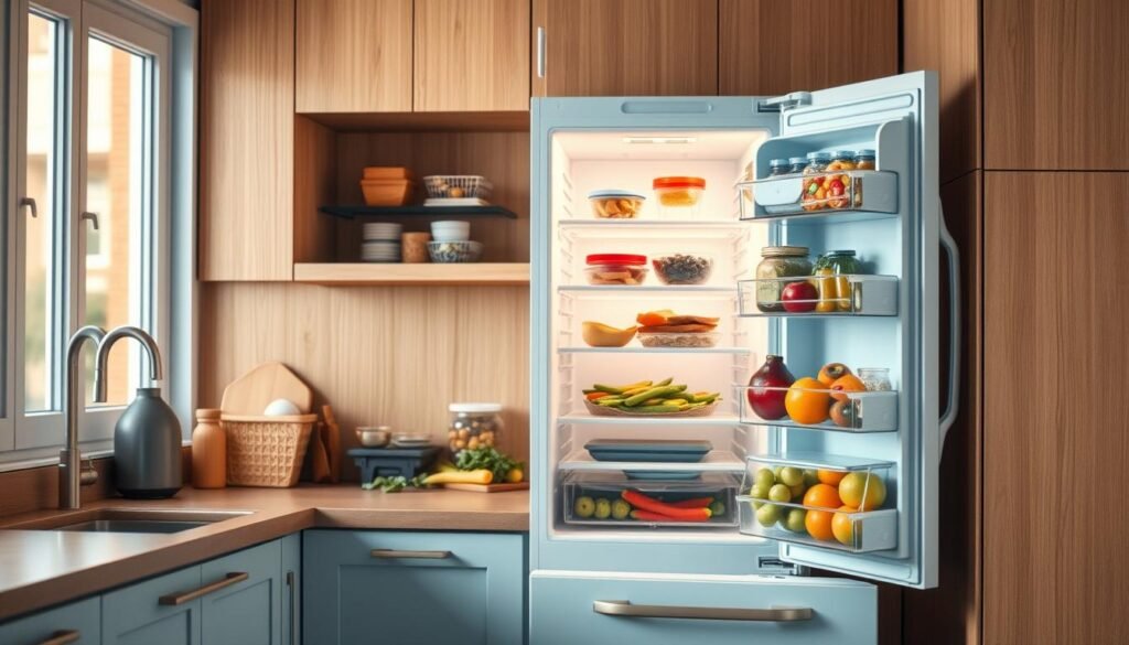 A cozy, minimalist kitchen with warm wooden textures and light blue accents showcases a smart fridge with distinct zones for snacks and produce. The fridge's interior is softly lit, revealing neatly organized shelves and compartments. The snack zone features a variety of healthy snacks in clear containers, while the produce section displays vibrant fruits and vegetables. The overall scene conveys a sense of efficiency and organization, perfectly capturing the "Meal Prep for Work Fridge Organization: Pro Tips and Tricks" theme.