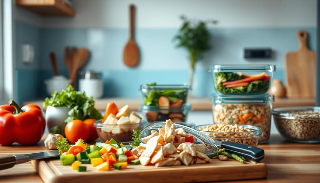 A cozy, minimalist kitchen with warm wooden textures and light blue accents showcases a variety of fresh, diabetic-friendly ingredients meticulously arranged for meal prep. In the foreground, a cutting board displays chopped vegetables, lean proteins, and whole grains, highlighting the benefits of portion control and balanced macronutrients. In the middle ground, glass containers filled with preportioned meals suggest the convenience and time-saving aspects of meal prep for blood sugar management. The background features a clean, uncluttered space, conveying a sense of organization and mindfulness around health-conscious dining.