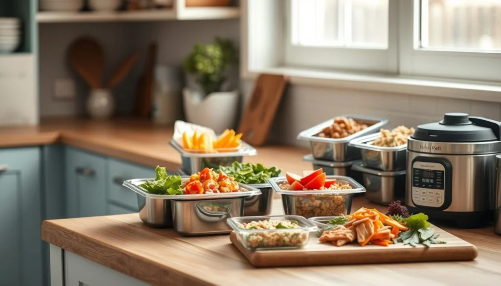 A cozy, minimalist kitchen with warm wooden textures and light blue accents showcases a variety of budget-friendly meal prep solutions. Stainless steel containers filled with colorful vegetables, grains, and lean proteins are neatly arranged on a wooden countertop. A cutting board with chopped ingredients, a blender, and a small appliance, like a slow cooker or Instant Pot, complete the scene, hinting at the flavorful, globally-inspired dishes that can be easily prepared on a budget. The soft, natural lighting casts a welcoming glow, emphasizing the simplicity and efficiency of these meal prep ideas.