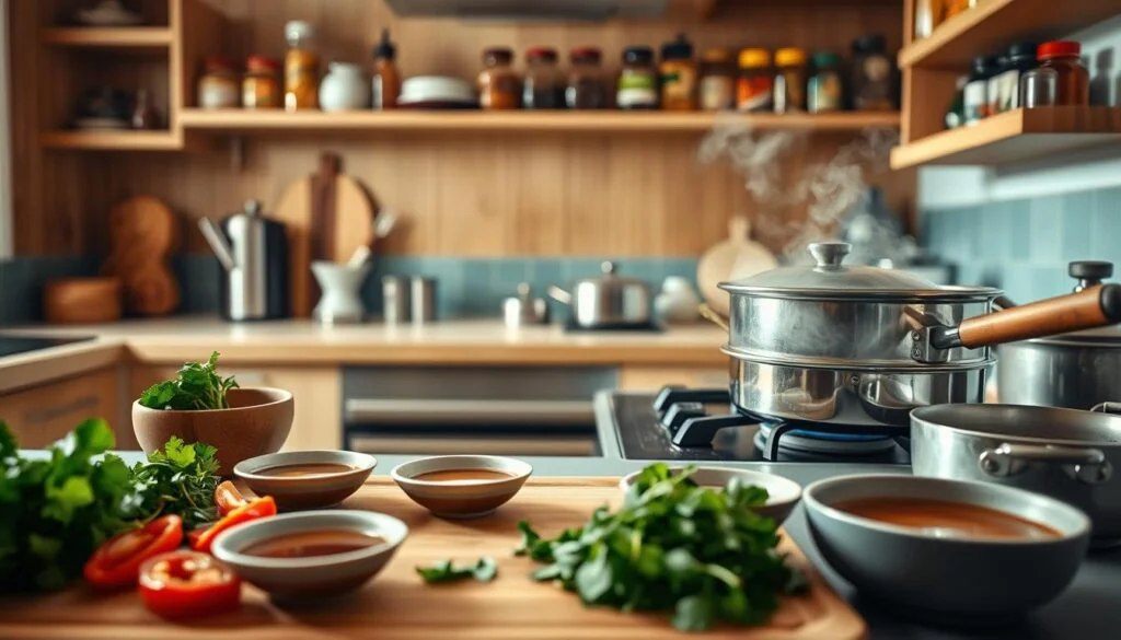 A cozy, minimalist kitchen with warm wooden textures and light blue accents showcases an assortment of Asian-inspired meal prep items. In the foreground, a cutting board displays freshly chopped vegetables, aromatic herbs, and sauces in small bowls. In the middle ground, stainless steel pots and pans sit on the stove, while a steamer basket releases fragrant steam. The background features shelves lined with jars of spices, condiments, and other pantry staples. The scene is bathed in soft, natural lighting, creating a calming, inviting atmosphere for the preparation of authentic, flavorful Asian meals.
