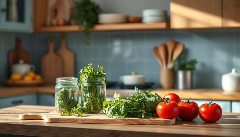 A cozy, minimalist kitchen with warm wooden textures and light blue accents showcases an assortment of everyday grocery items. A cutting board, a jar of herbs, and a few fresh produce items like leafy greens and tomatoes create a visually appealing still life, bathed in soft, natural lighting. The scene conveys a sense of organization and efficiency, hinting at the time-saving tips for grocery shopping and pantry management that the article aims to provide.