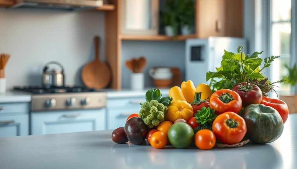 A cozy, minimalist kitchen with warm wooden textures and light blue accents showcases an assortment of fresh, vibrant produce. Crisp, colorful vegetables and juicy fruits sit neatly arranged on a sleek, uncluttered countertop, exuding a sense of effortless, no-cook meal preparation. The scene emanates a soothing, tranquil atmosphere, inviting the viewer to imagine the ease and benefits of a satisfying, no-fuss dinner. Soft, diffused lighting accentuates the natural beauty of the ingredients, highlighting their vibrant hues and textures. This serene, inviting image conveys the simplicity and appeal of a nourishing, no-cook meal.
