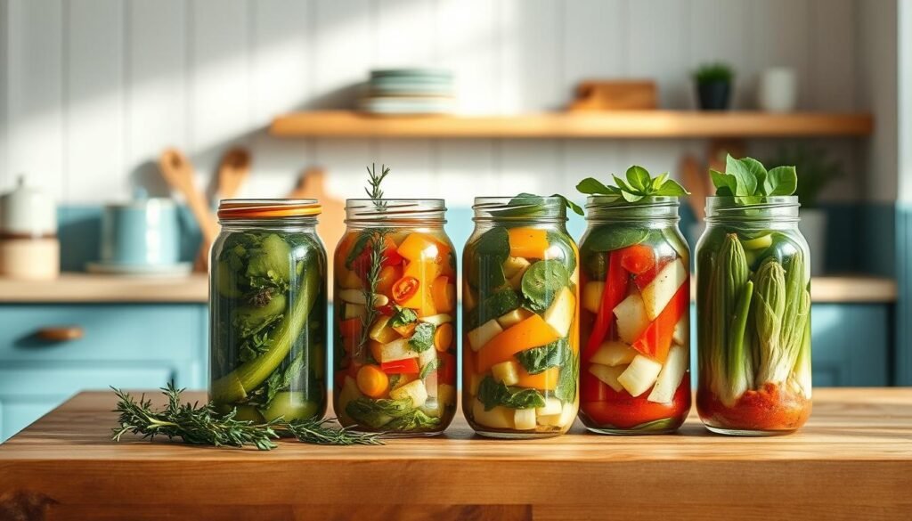 A cozy, minimalist kitchen with warm wooden textures and light blue accents showcases an array of user-curated pickle recipes. Glass jars filled with an assortment of colorful pickled vegetables, herbs, and spices sit atop a wooden counter, illuminated by soft, natural lighting. The scene radiates a sense of homemade goodness and culinary inspiration, inviting the viewer to explore these tangy, flavorful additions to their cold lunch creations.