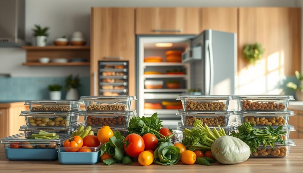 A cozy, minimalist kitchen with warm wooden textures and light blue accents showcases an array of neatly organized frozen meal containers. In the foreground, a selection of fresh, colorful ingredients are carefully arranged, hinting at the nutritious and flavorful nature of the homemade freezer meals. The middle ground features a sleek, modern refrigerator, its door ajar, revealing the orderly storage of these convenient meal prep solutions. The background is bathed in soft, natural lighting, creating a serene and inviting atmosphere that emphasizes the benefits of planning ahead and having a stash of delicious, ready-to-reheat meals on hand.