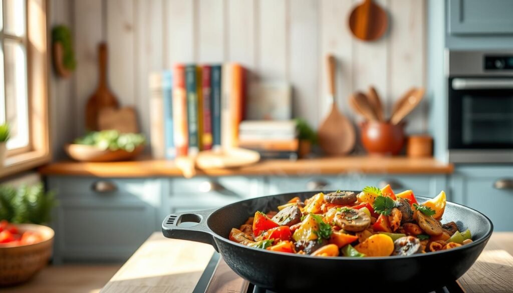 A cozy, minimalist kitchen with warm wooden textures and light blue accents showcases an array of international one-pan recipes. In the foreground, a vibrant medley of fresh vegetables, aromatic spices, and flavorful protein sizzle in a cast-iron skillet, emitting tantalizing scents. The middle ground features a collection of cookbooks and cooking utensils, hinting at the culinary inspirations behind these global-inspired dishes. The background is bathed in soft, natural light, creating a welcoming and inviting atmosphere, perfect for preparing and sharing these delectable one-pan creations.
