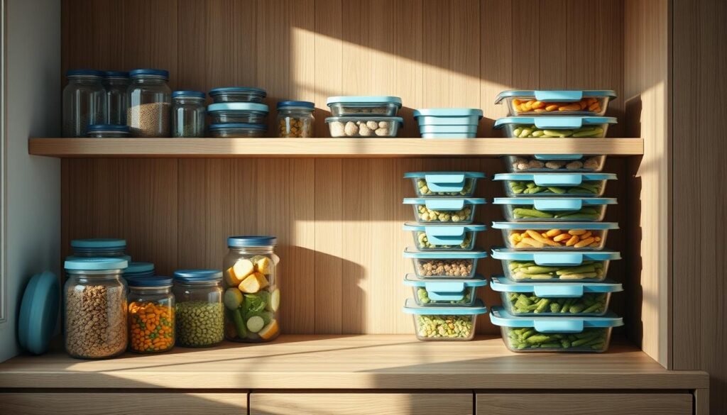 A cozy, minimalist kitchen with warm wooden textures and light blue accents showcases neatly organized food storage solutions. Glass jars, airtight containers, and stackable meal prep boxes line the shelves, allowing for efficient meal portioning and easy reheating. The kitchen's natural lighting casts a soft glow, casting shadows that highlight the clean, uncluttered design. The scene conveys a sense of order and thoughtfulness, perfectly suited for preparing healthy, protein-rich vegetarian meals for the office.
