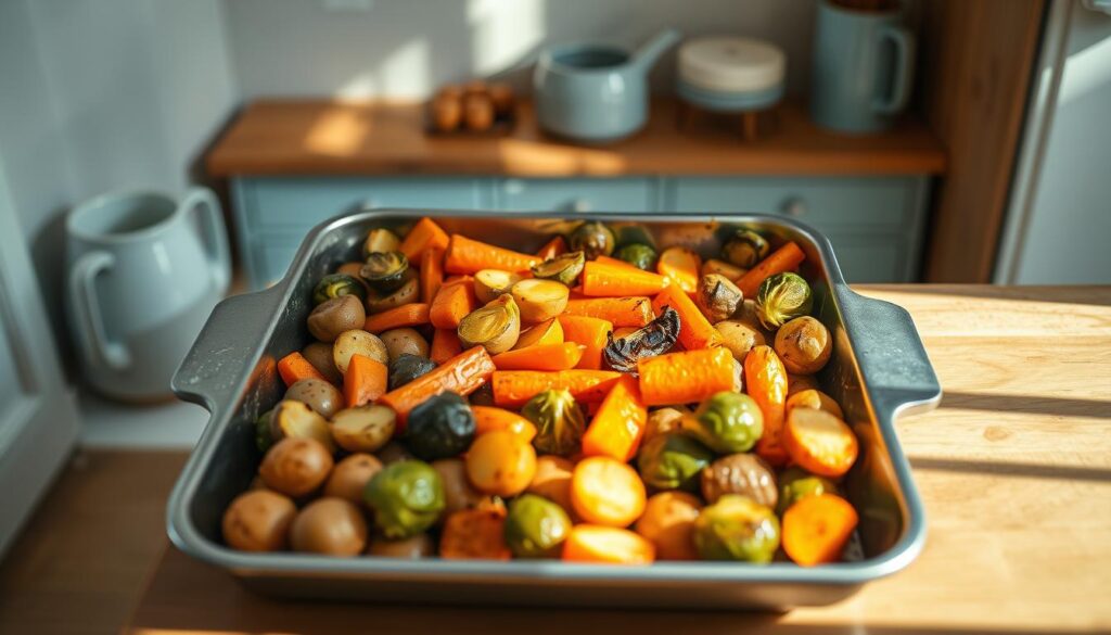 A cozy, minimalist kitchen with warm wooden textures and light blue accents. A neatly arranged tray of roasted sweet vegetables - carrots, potatoes, and Brussels sprouts - glistens under the gentle natural light. The vegetables are perfectly caramelized, their vibrant colors and inviting aroma filling the air. The composition is simple yet elegant, capturing the essence of a well-planned, nutritious meal prep for the workweek ahead. The overall mood is one of intentionality, organization, and a commitment to healthy eating.