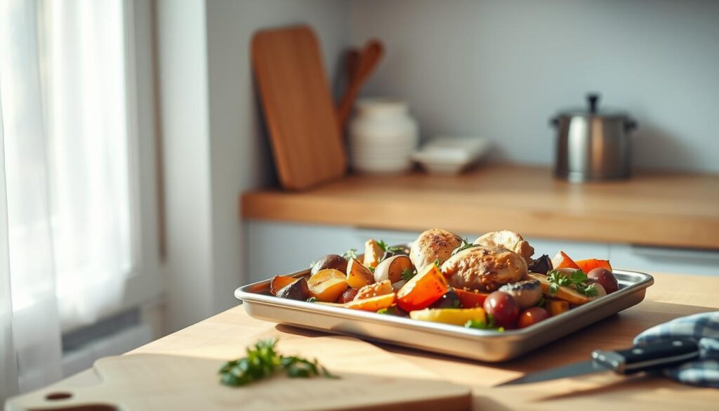A cozy, minimalist kitchen with warm wooden textures and light blue accents. A sheet pan sits prominently on the counter, showcasing a variety of roasted vegetables, juicy chicken, and aromatic herbs. Soft, diffused lighting casts a gentle glow, highlighting the carefully arranged dish. In the foreground, a cutting board and a few kitchen tools suggest the process of overcoming common sheet pan challenges, such as uneven cooking, proper seasoning, and balanced nutrition. The scene conveys a sense of effortless culinary mastery, where a single sheet pan transforms into a delightful, well-rounded meal.