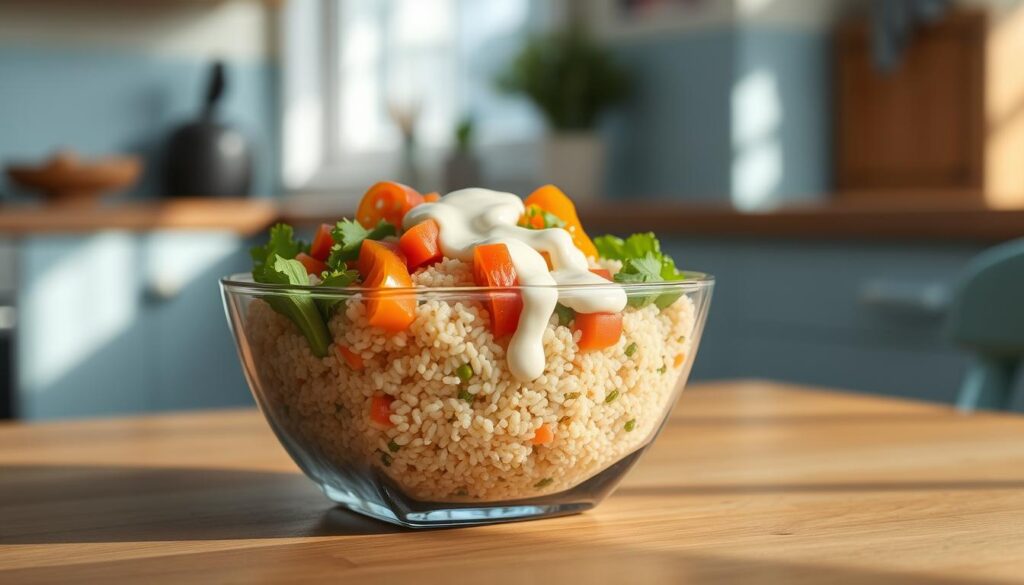 A cozy, minimalist kitchen with warm wooden textures and light blue accents. A square glass bowl filled with fluffy quinoa, fresh vegetables, and a drizzle of creamy dressing sits atop a wooden table. The lighting is soft and diffused, casting gentle shadows and highlighting the vibrant colors of the ingredients. The composition is balanced and inviting, capturing the essence of a nourishing, homemade quinoa bowl recipe from Taste of Home.